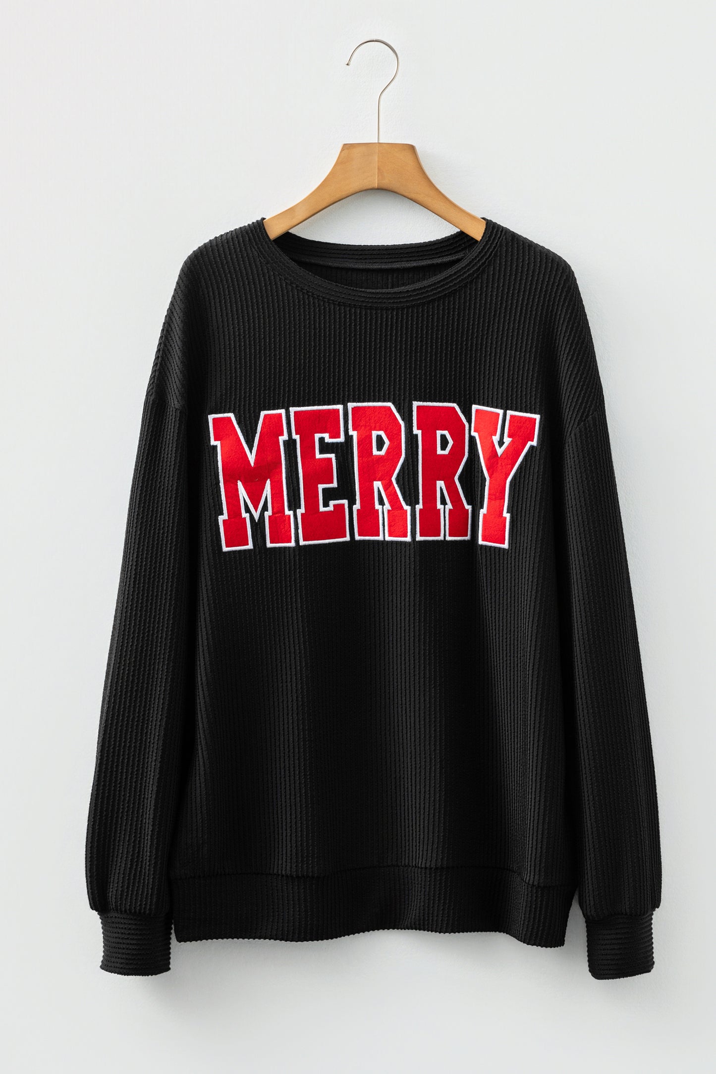 Racing Red Twisted Rib Outlined Merry Letter Graphic Loose Long Sleeve Top