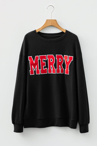 Racing Red Twisted Rib Outlined Merry Letter Graphic Loose Long Sleeve Top