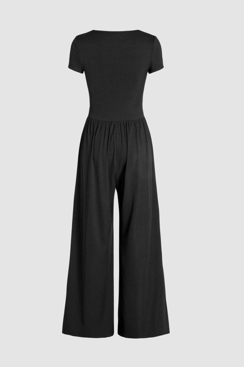 Black Pleated High Waist U Neck Short Sleeve Jumpsuit - L & M Kee, LLC