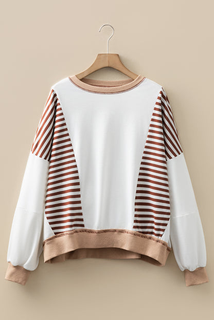Brown Stripe Colorblock Patchwork Contrast Stitching Oversize Sweatshirt