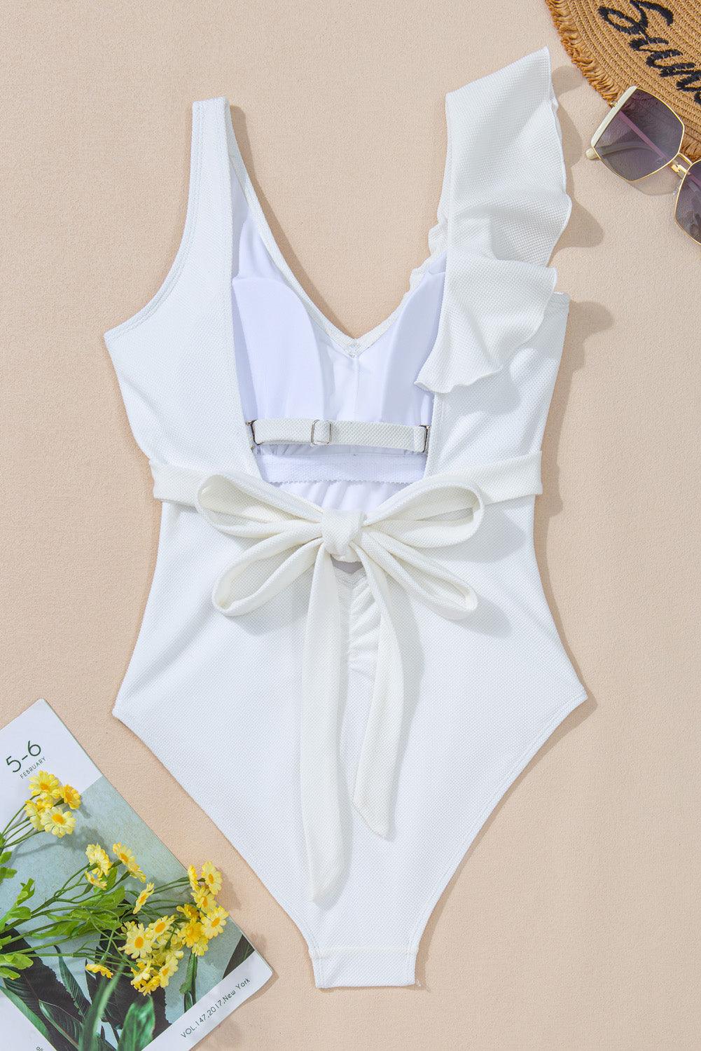 White Asymmetric Ruffle Trim Tie Waist One Piece Swimsuit - L & M Kee, LLC