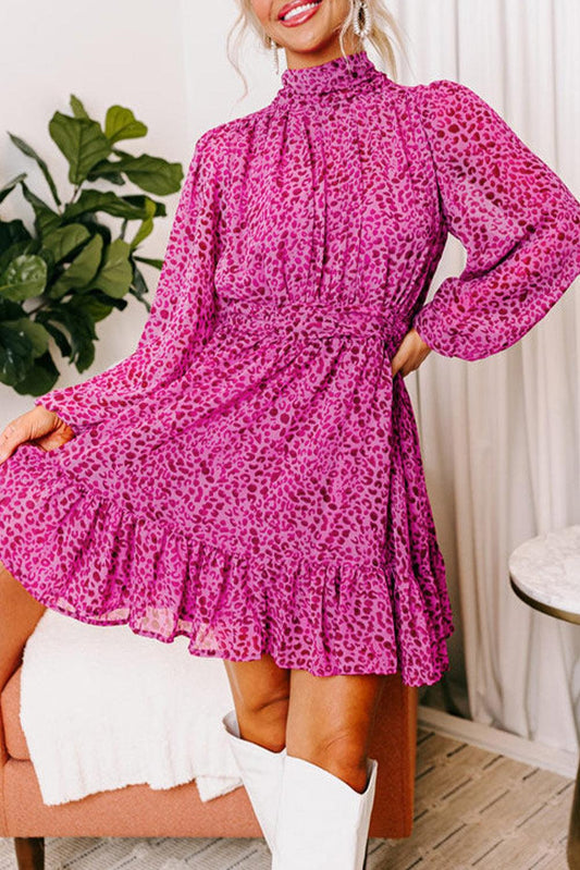 Rose Leopard Puff Sleeve Knotted High Neck Ruffle Dress - L & M Kee, LLC