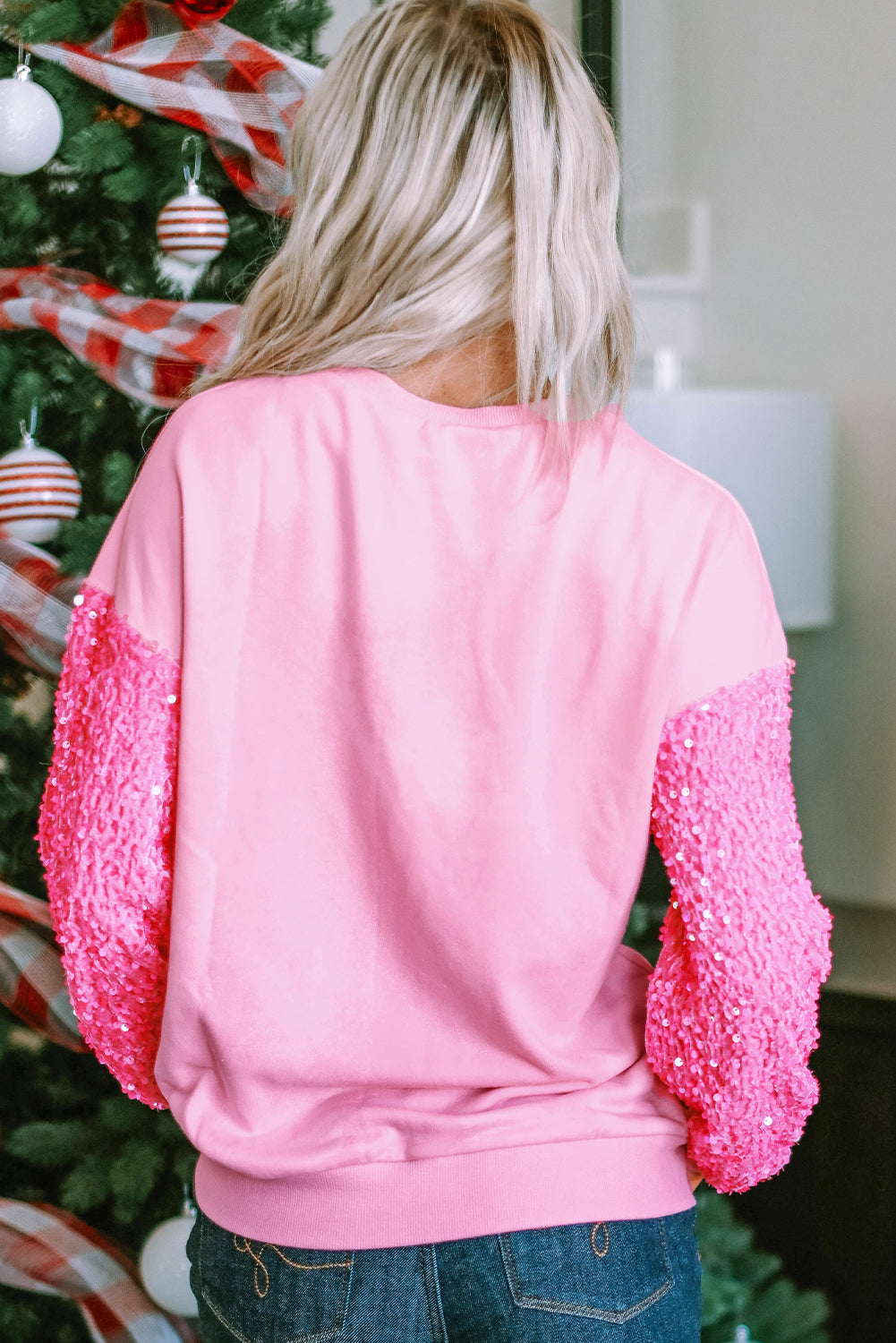 Pink Double Santa Claus Christmas Sequin Long Sleeve Top