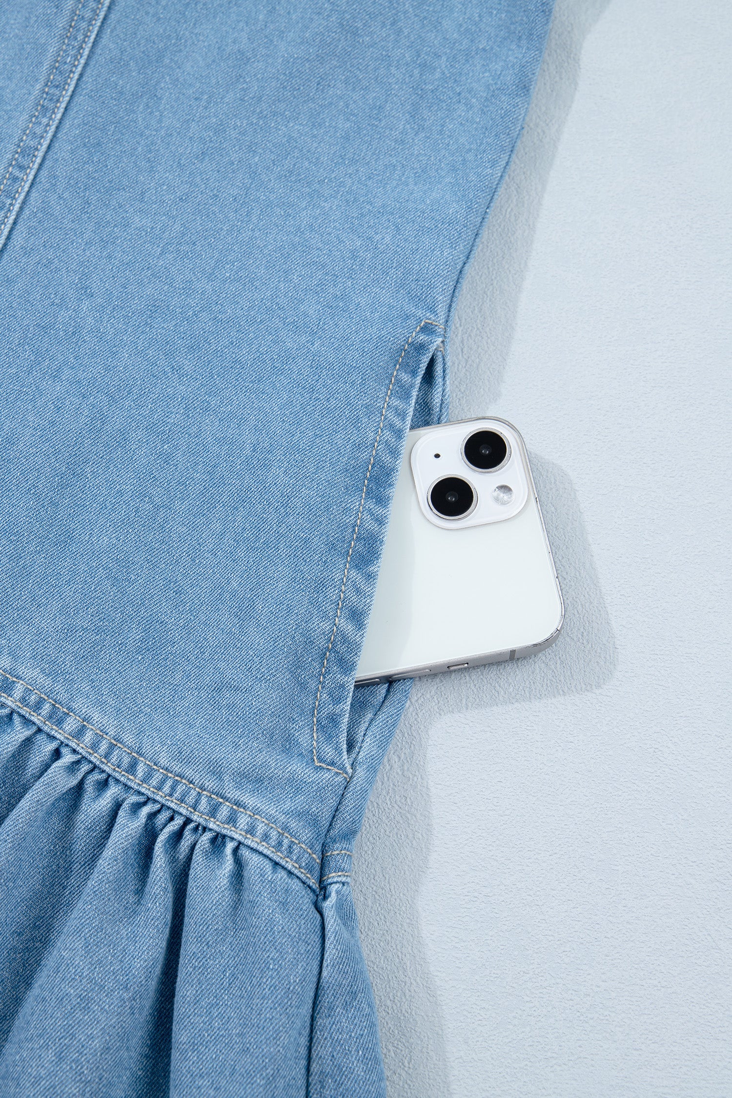 Beau Blue Button Down Short Puff Sleeve Ruffle Hem Patchwork Denim Dress