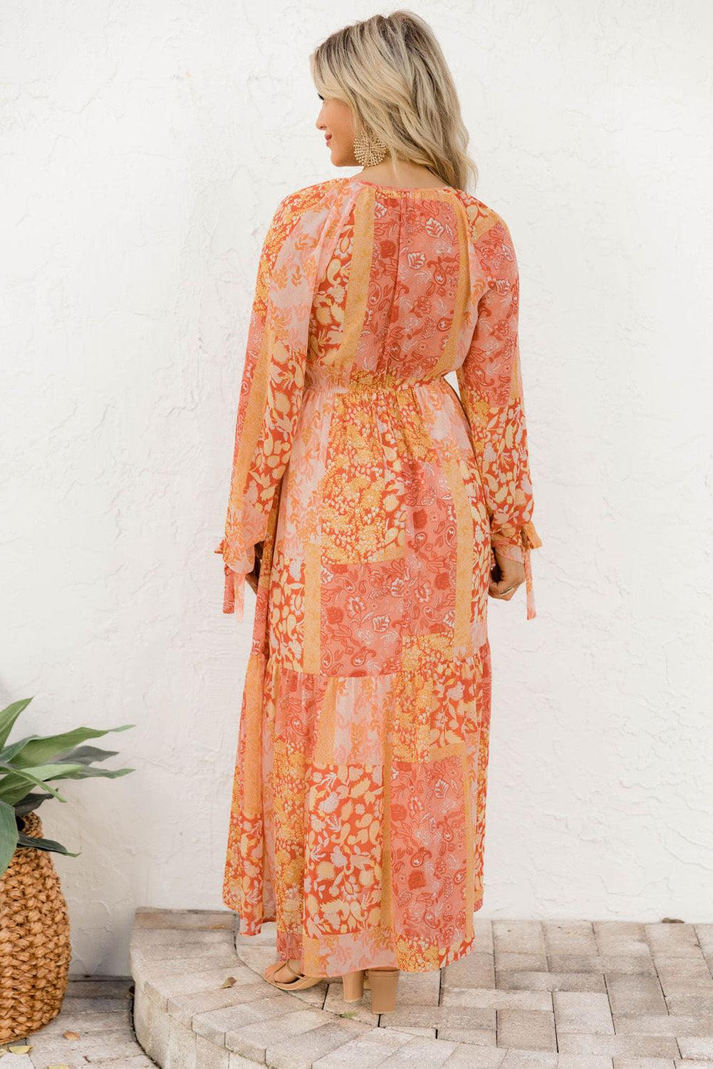Orange Boho Floral Wrap V Neck Tie Long Sleeve Dress - L & M Kee, LLC