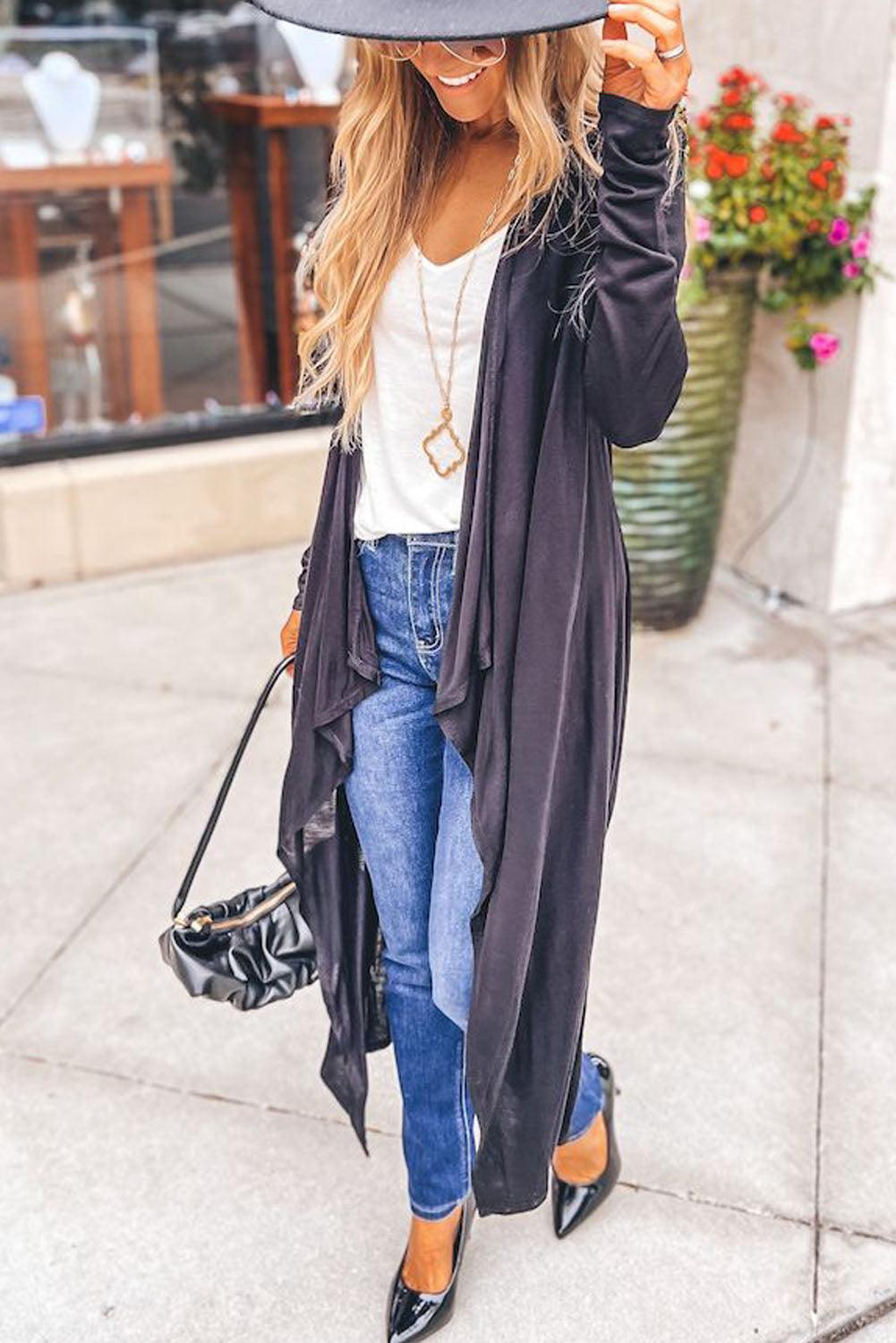 Black Draped Open Front Long Cardigan - L & M Kee, LLC