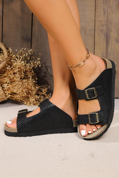 Black Suede Textured Buckle Straps Beach Slippers - L & M Kee, LLC