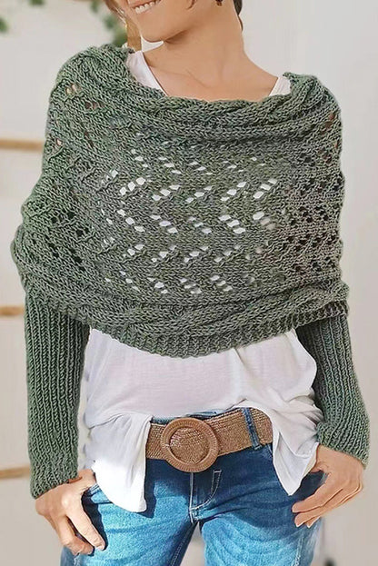 Blackish Green Cross Detail Hollowed Knit Scarf with Sleeves