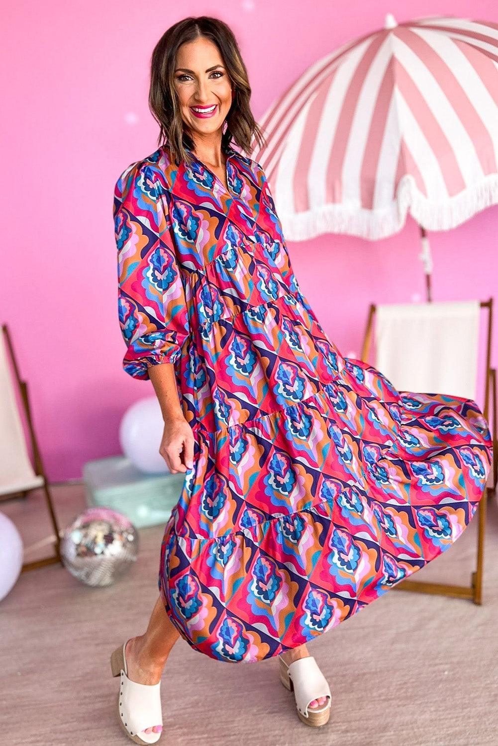 Multicolor Abstract Geometric Print Long Sleeve High Waist Dress - L & M Kee, LLC