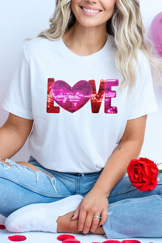 White Heart LOVE Patched Pattern Crewneck Valentines T Shirt