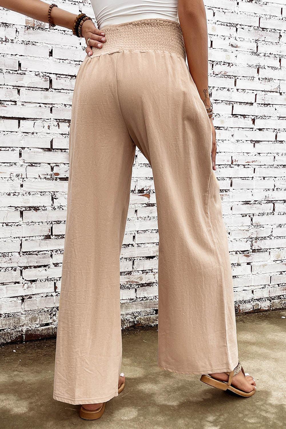 Khaki Smocked Wide Waistband High Waist Wide Leg Pants - L & M Kee, LLC