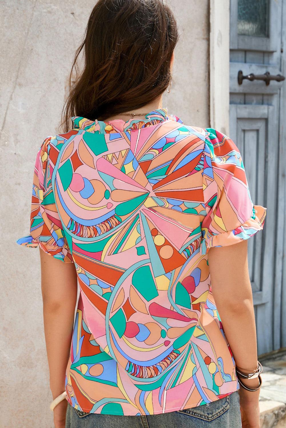 Multicolor Geometric Abstract Print Long Sleeve Shirt Dress - L & M Kee, LLC