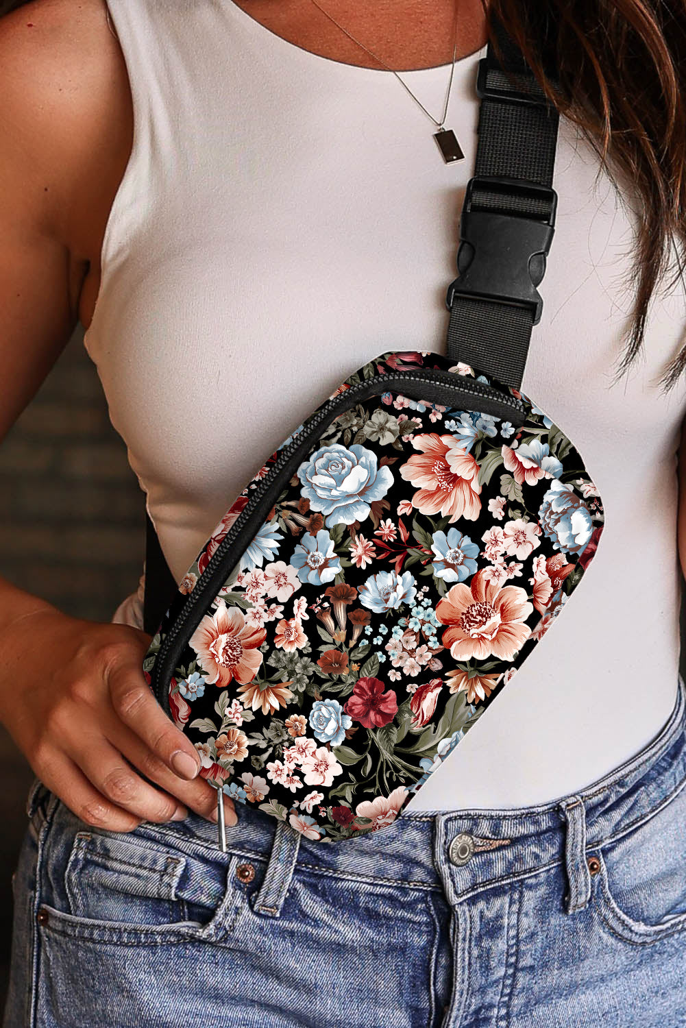 Black Floral Print Zipper Wide Strap Sling Bag