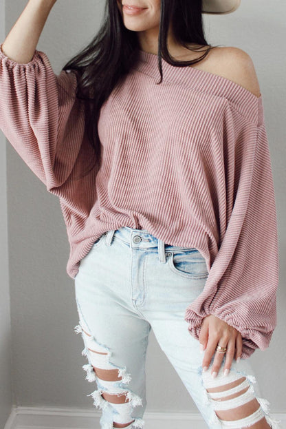 Pink One-Shoulder Balloon Sleeve Ribbed Blouse - L & M Kee, LLC