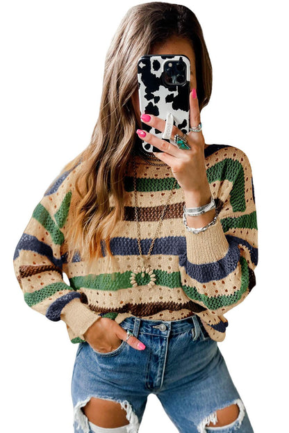 Multicolor Striped Hollowed Knitted Loose Sweater - L & M Kee, LLC