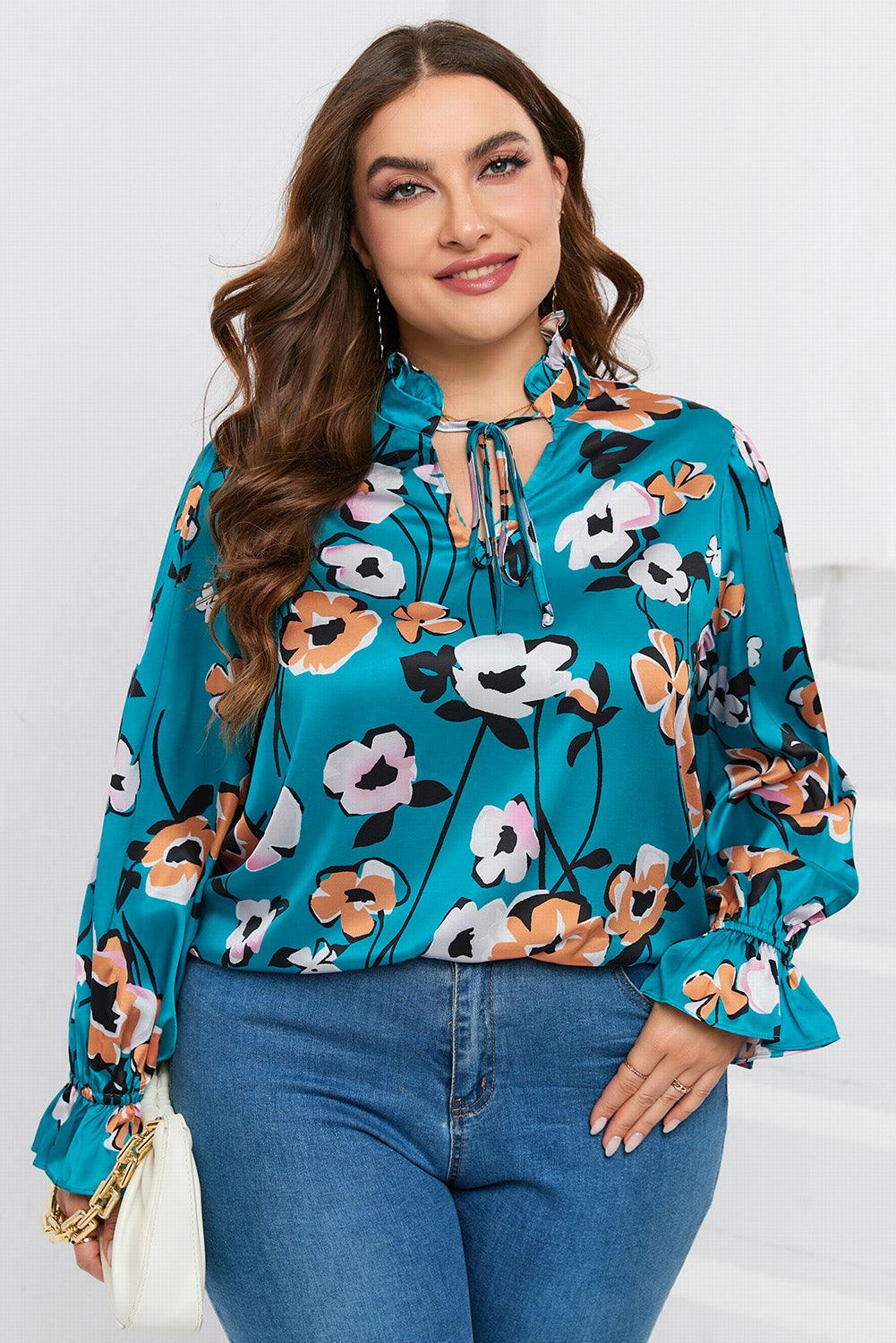 Sky Blue Floral Print V Neck Plus Size Blouse - L & M Kee, LLC