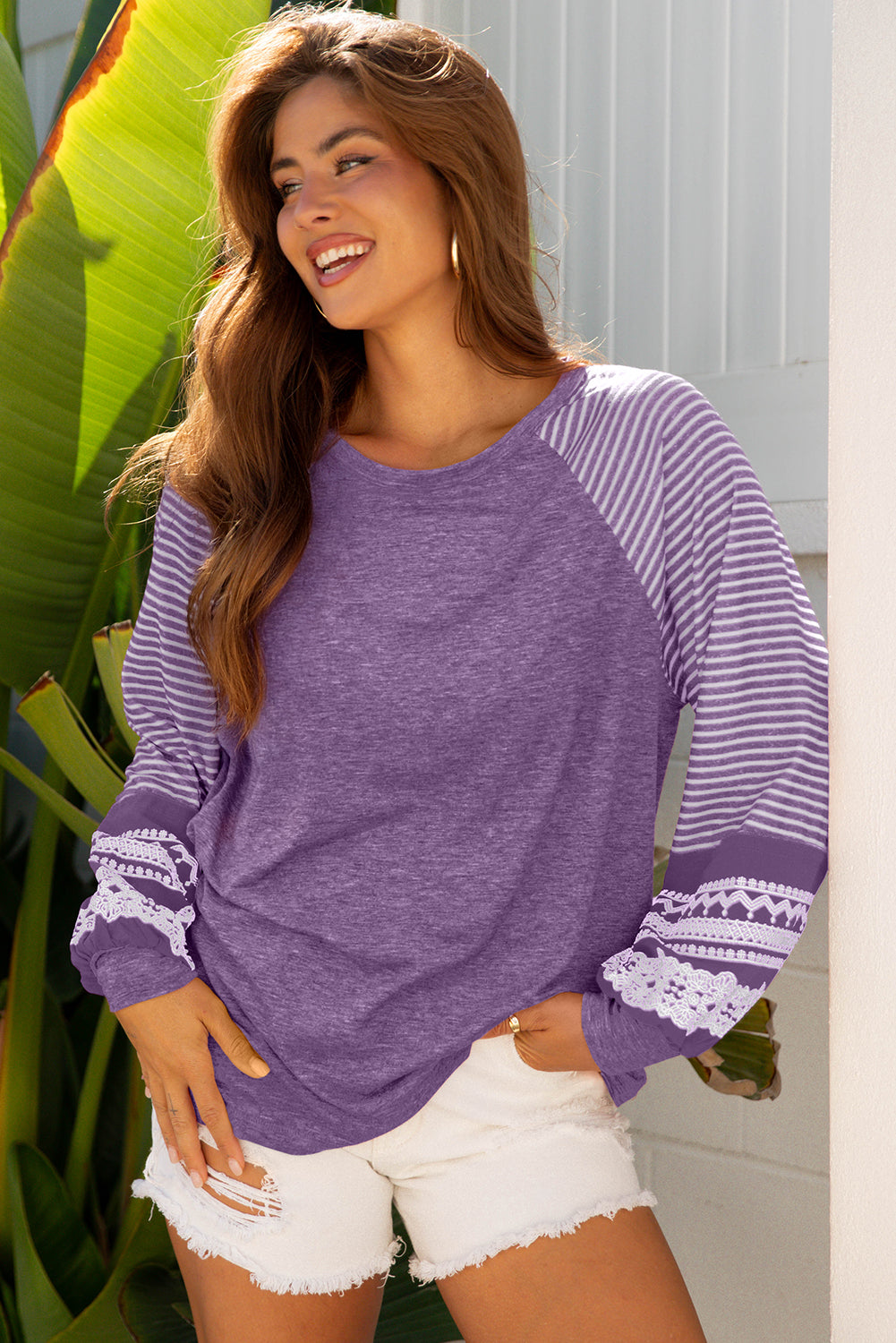 Tillandsia Purple Contrast Print Striped Raglan Long Sleeve Loose Top