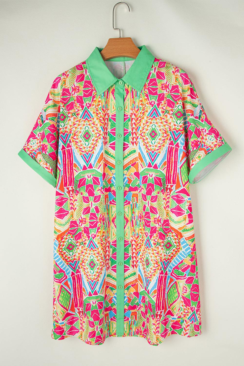 Orange Geometric Print Contrast Short Sleeve Shirt Dress - L & M Kee, LLC