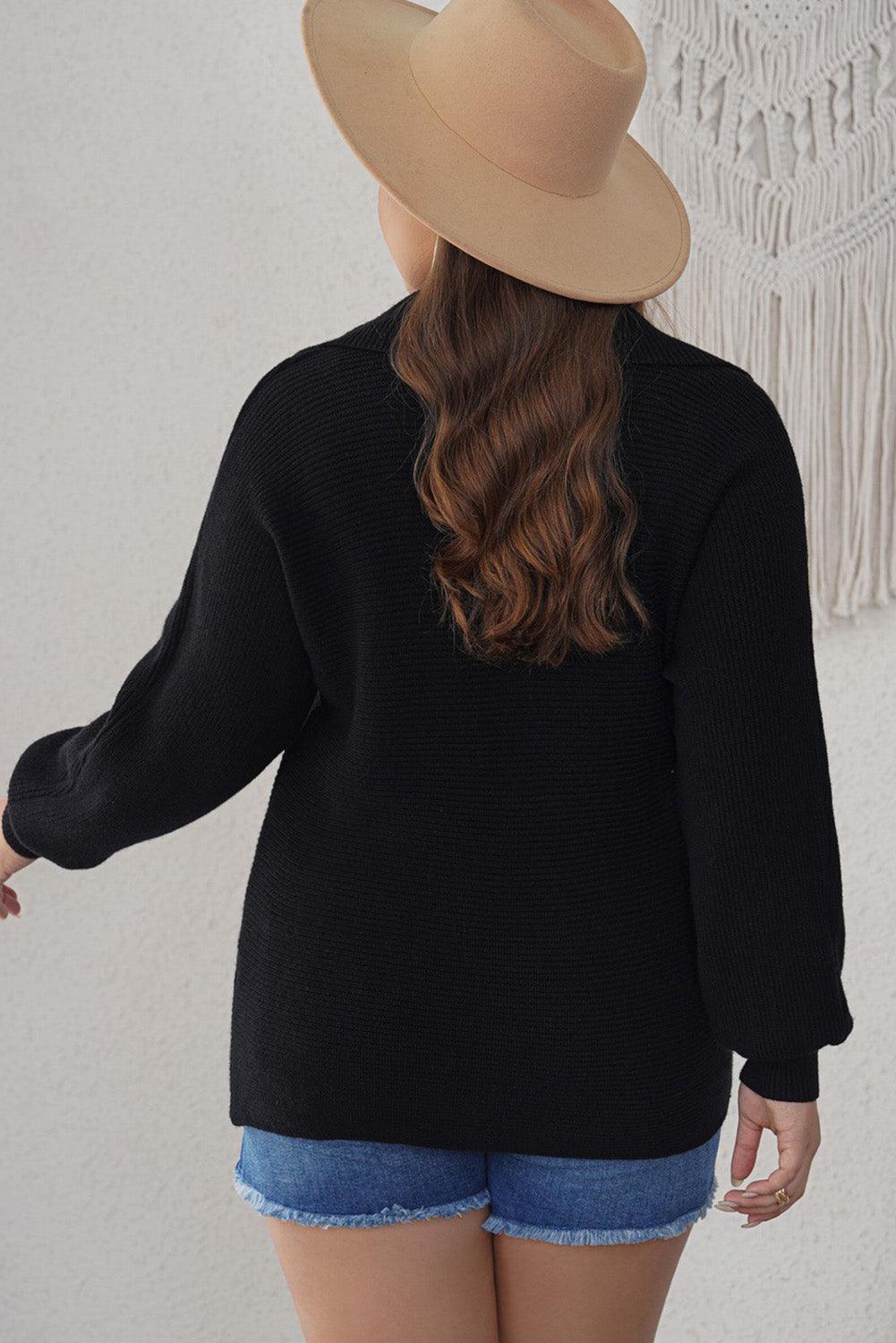 Black Ribbed Knit Lapel Neck Curvy Sweater - L & M Kee, LLC