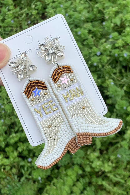 Beige Cowboy Boots Rice Bead Dangle Earrings - L & M Kee, LLC