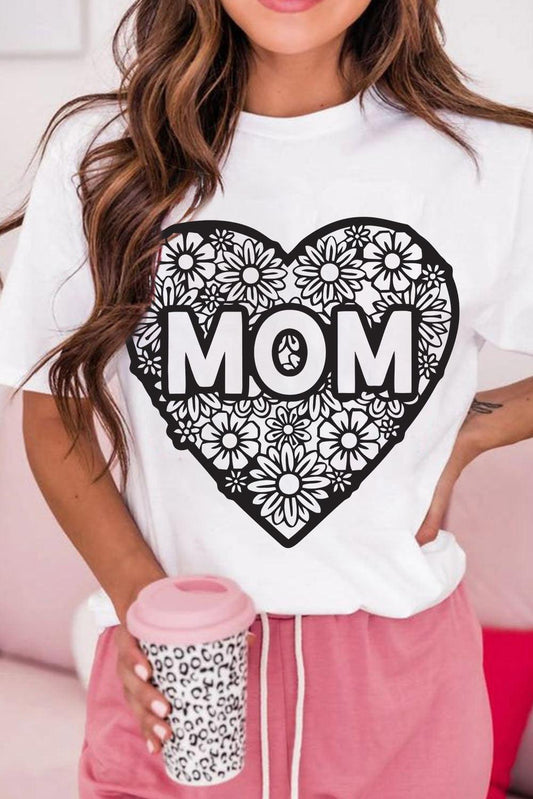 White MOM Flower Heart Shaped Print Crewneck T Shirt - L & M Kee, LLC