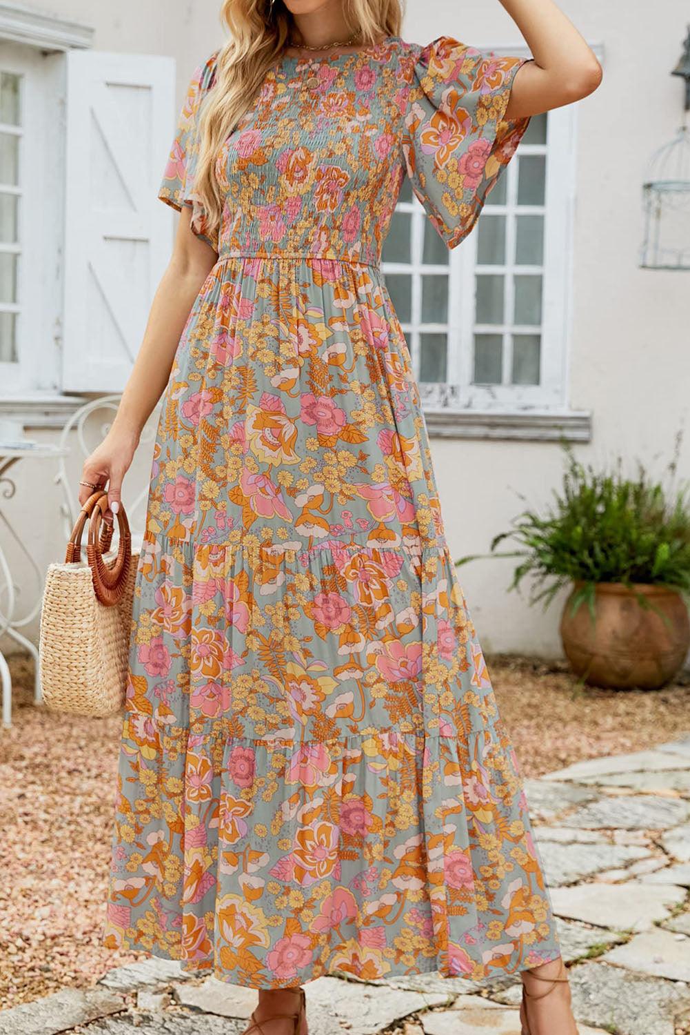 Boho Wide Sleeve Smocked Waist Floral Dress - L & M Kee, LLC