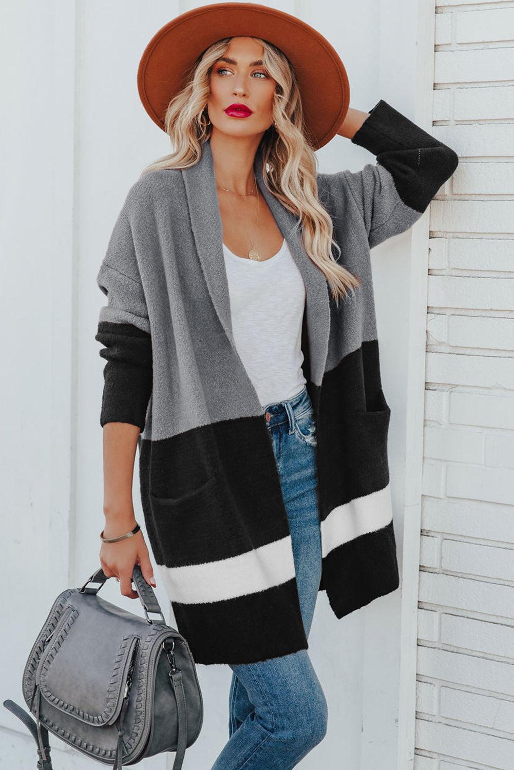 Gray Gingerbread Latte Colorblock Pocketed Cardigan - L & M Kee, LLC