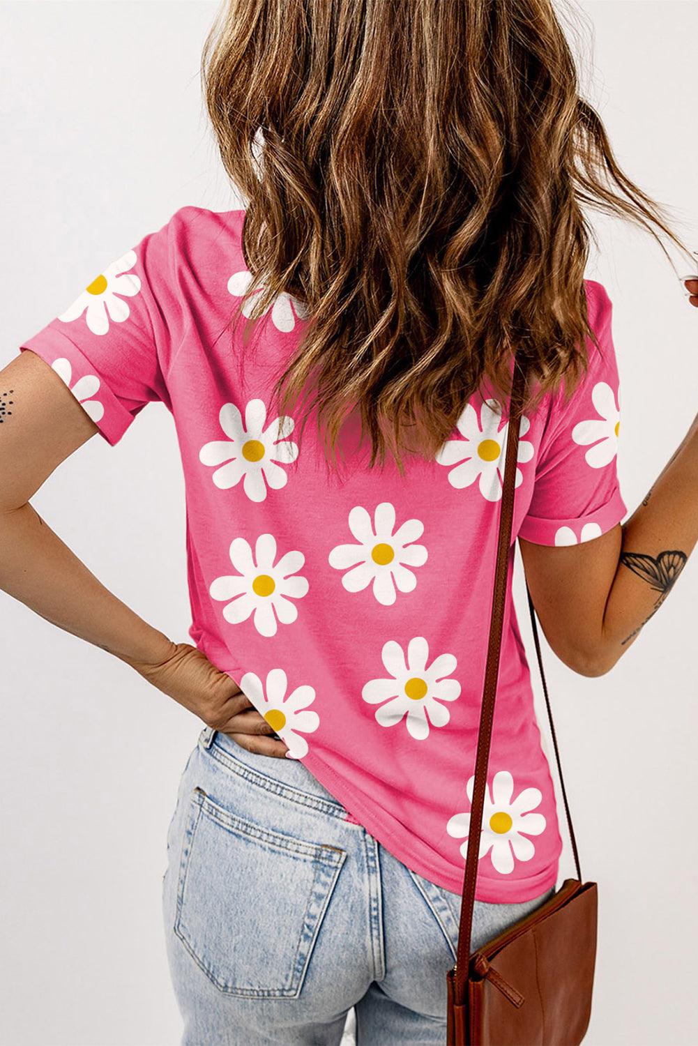 Pink Daisy Printed Crewneck T Shirt - L & M Kee, LLC