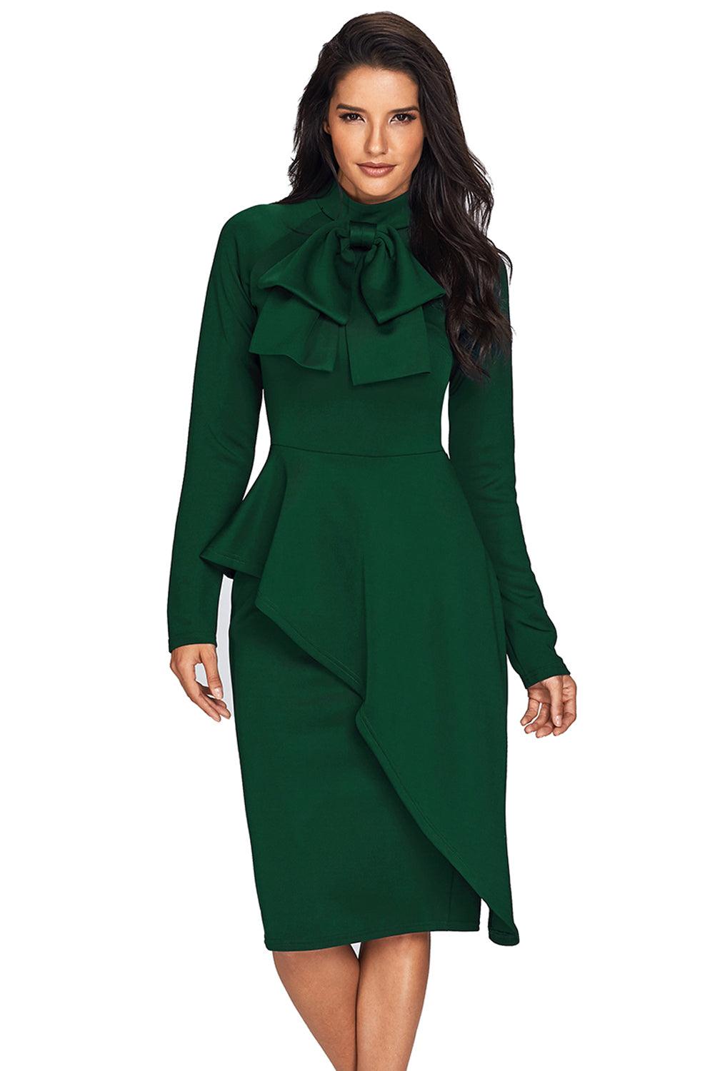 Jade Green Asymmetric Peplum Style Pussy Bow Dress - L & M Kee, LLC