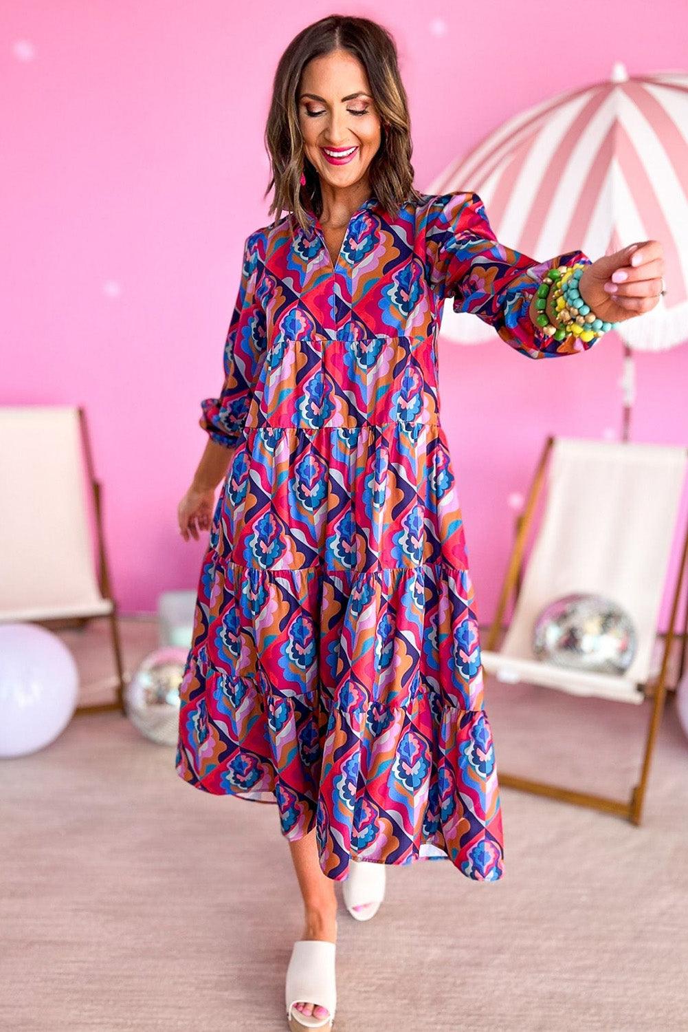 Multicolor Abstract Geometric Print Long Sleeve High Waist Dress - L & M Kee, LLC