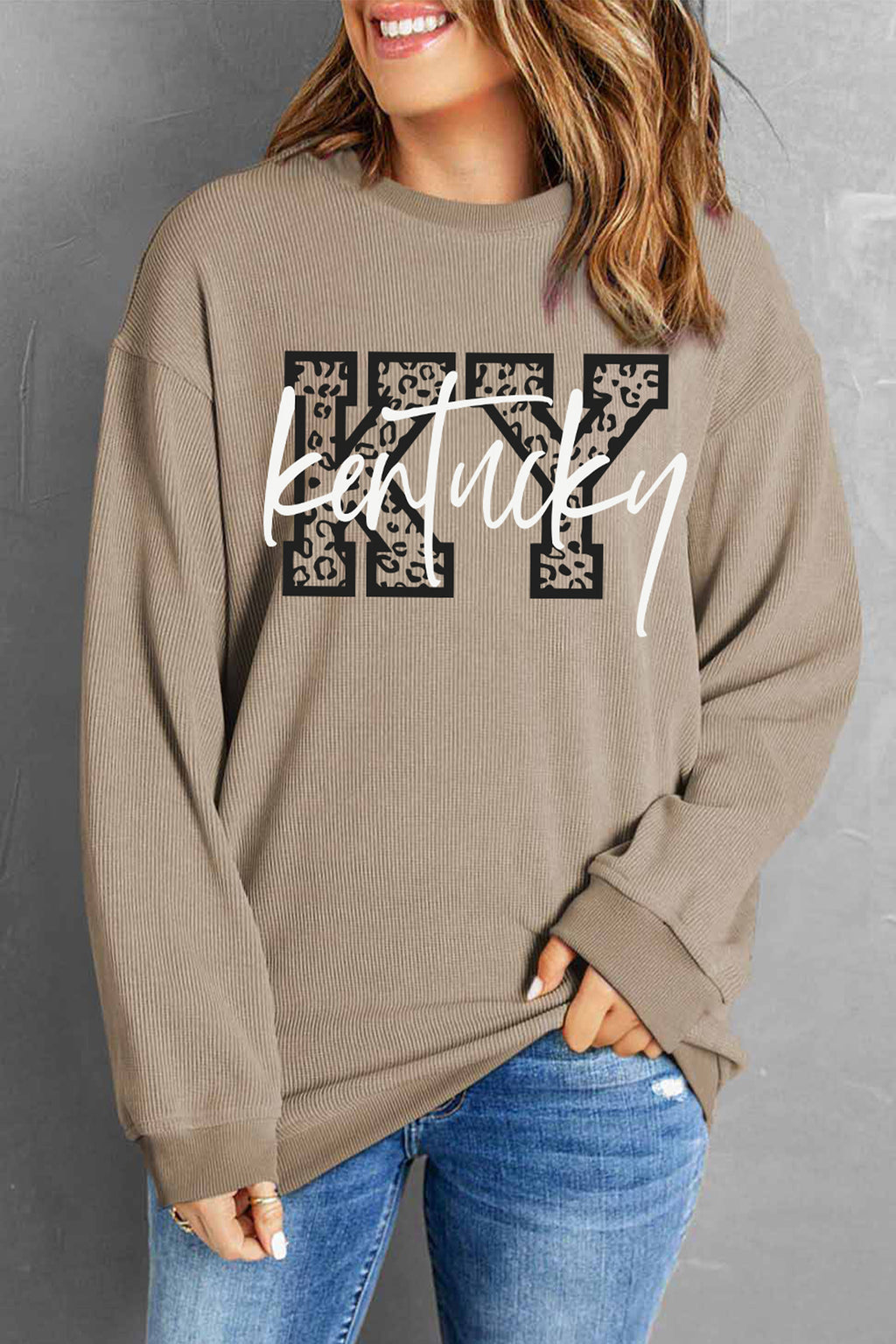 Khaki Kentucky KY Leopard Lettering Ribbed Baggy Sweatshirt