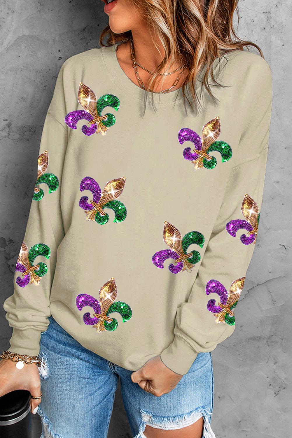 Khaki Sequin Mardi Gras Graphic Pullover Sweatshirt - L & M Kee, LLC