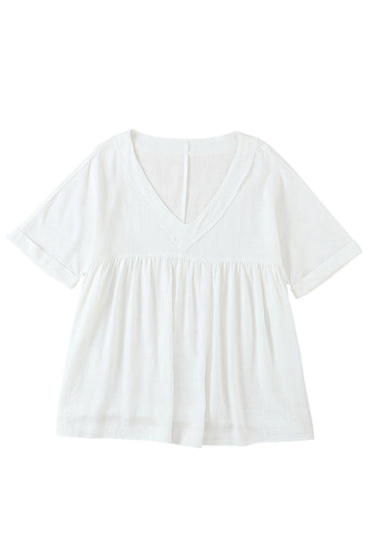 Frayed V Neck Ruffled Babydoll Blouse - L & M Kee, LLC