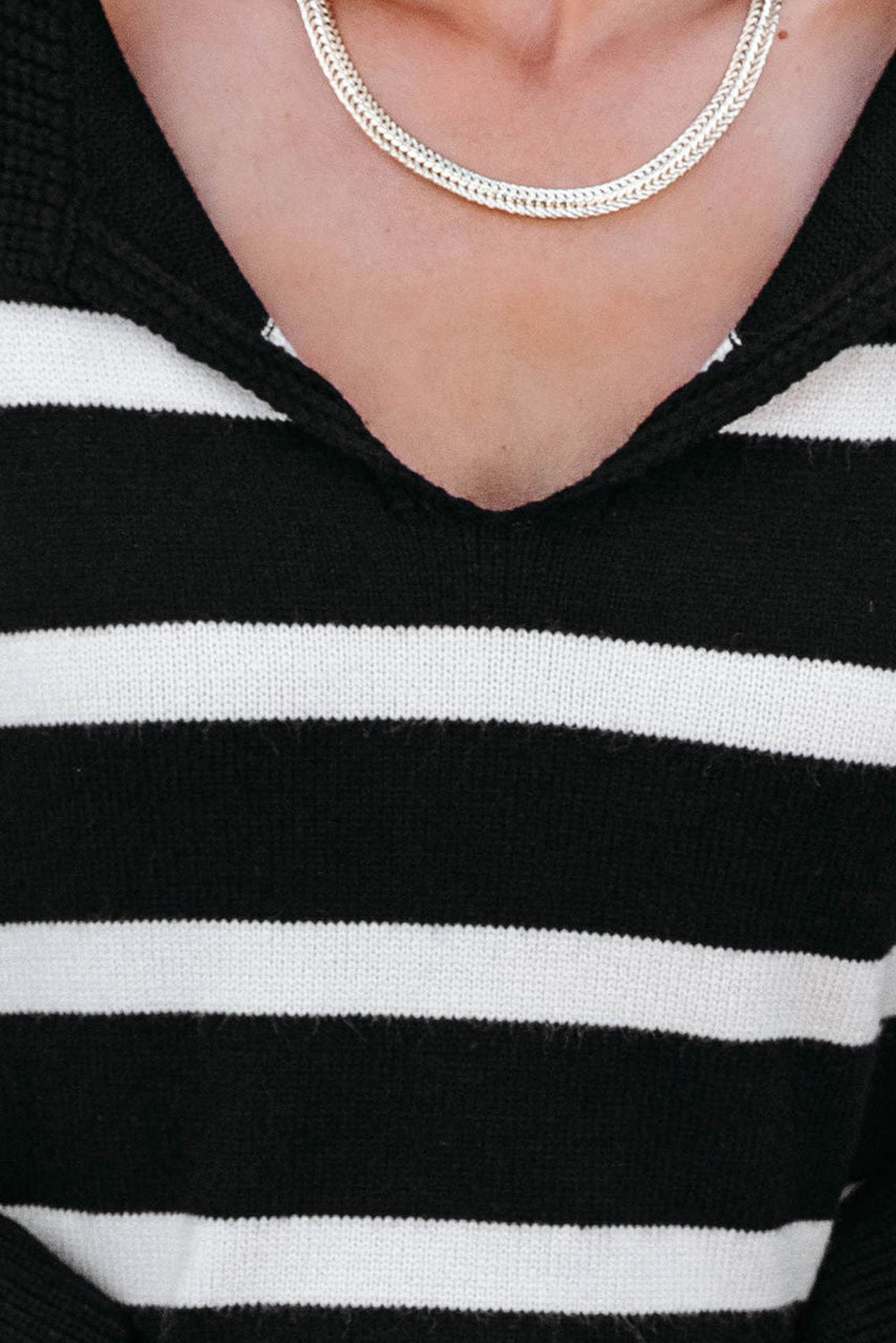 Black Caped V Neck Slit Sleeve Striped/Solid Sweater