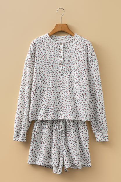 White Spiral Ribbed Floral Print Long Sleeve Henley Top Drawstring Short Set