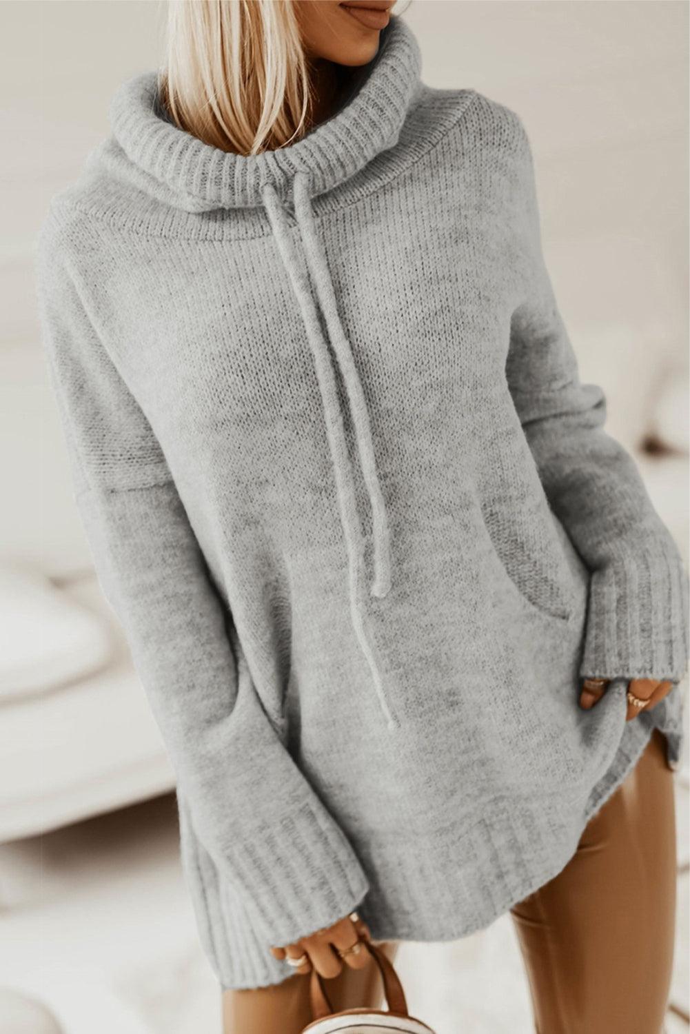 Gray Cowl Neck Drawstring Pullover Hooded Sweater - L & M Kee, LLC