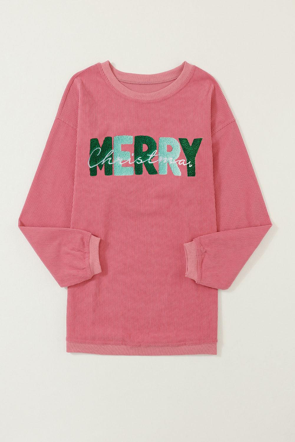 Strawberry Pink MERRY Christmas Corded Pullover Sweatshirt - L & M Kee, LLC