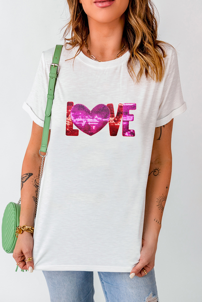 White Heart LOVE Patched Pattern Crewneck Valentines T Shirt