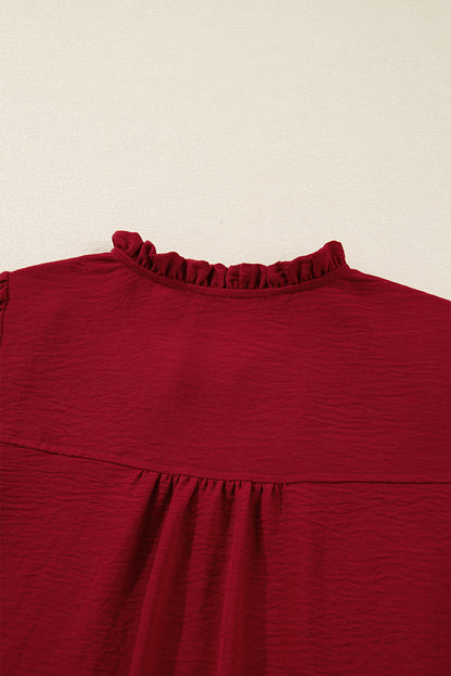 Burgundy Notched Neck Shirred Cuff Long Sleeve Blouse