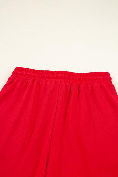 Fiery Red Varsity Striped Sleeve Drop Shoulder Sweatshirt and Short Set
