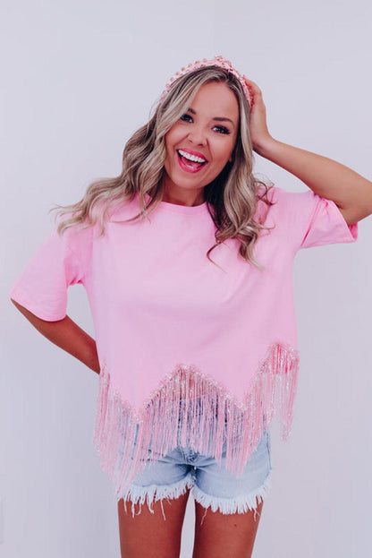 Pink Fringed Sequin Crop T-shirt - L & M Kee, LLC