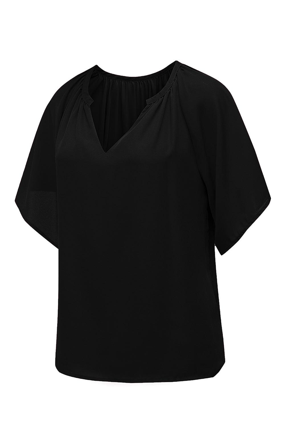 Black Split Neck Pleated Loose Top - L & M Kee, LLC