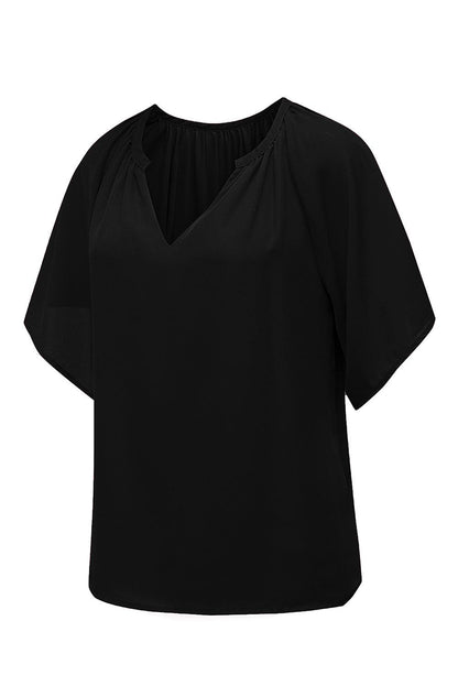 Black Split Neck Pleated Loose Top - L & M Kee, LLC