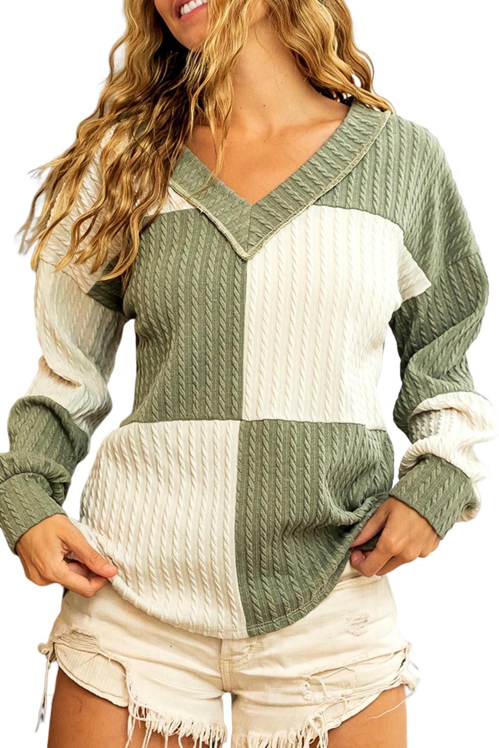 Green Textured Colorblock Long Sleeve V Neck Top - L & M Kee, LLC