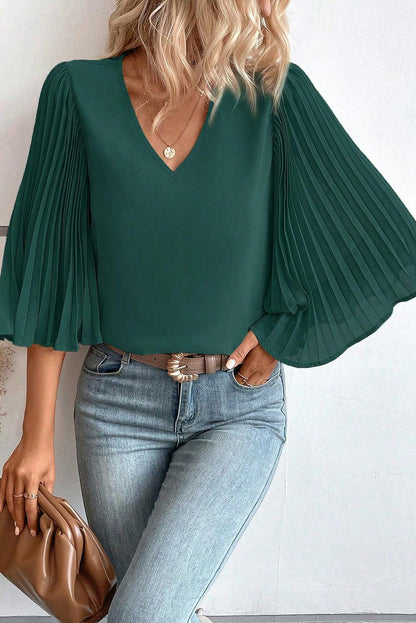 Blackish Green 3/4 Pleated Bell Sleeve V Neck Blouse - L & M Kee, LLC