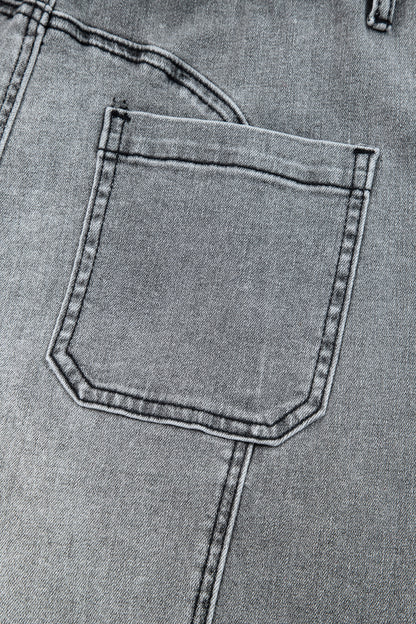 Gray Drawstring Seam Detail Raw Hem Wide Leg Denim Pants