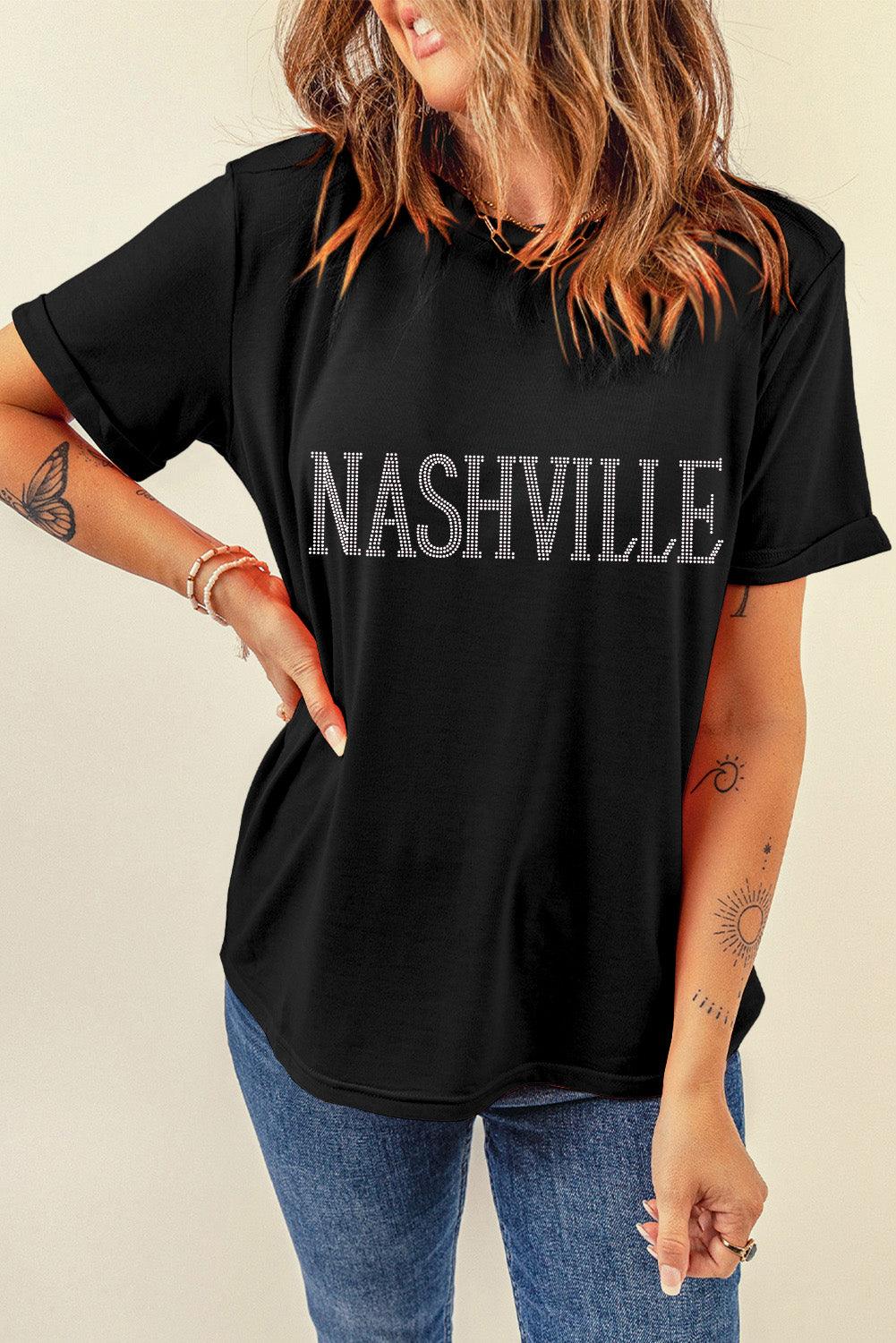 Black Rhinestone NASHVILLE Graphic Crewneck T Shirt - L & M Kee, LLC