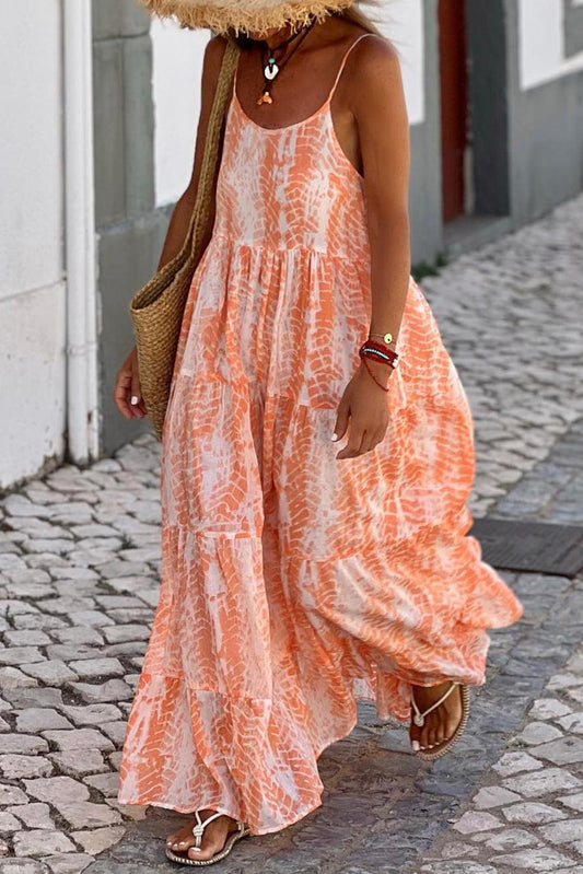 Orange Abstract Print Spaghetti Straps Backless Tiered Maxi Dress - L & M Kee, LLC