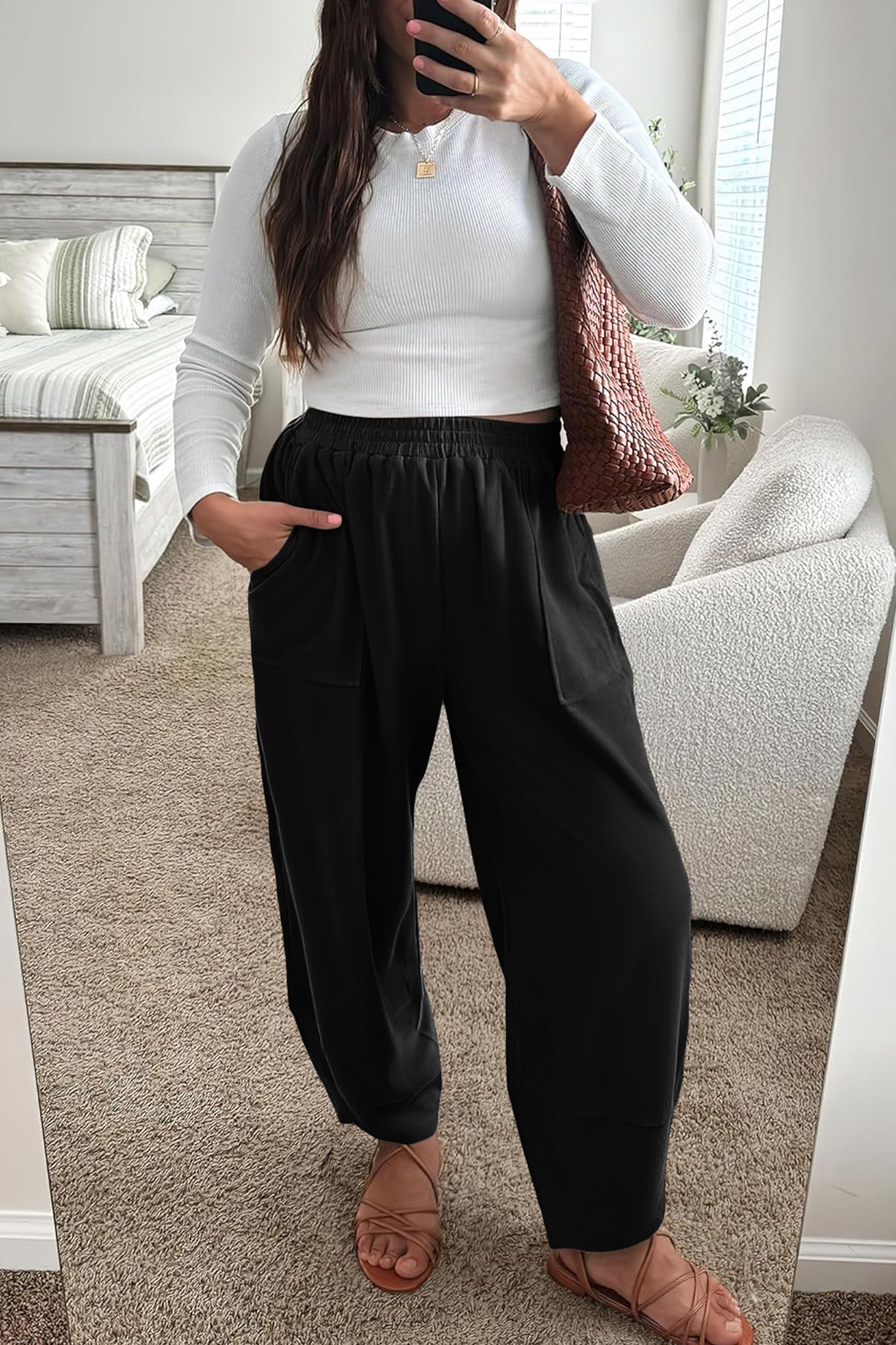 Black Plus Size Elastic Waist Asymmetrical Hem Loose Capris Pants