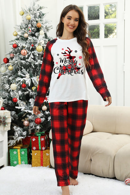 Fiery Red Christmas Plaid Reindeer Graphic Long Sleeve Lounge Set